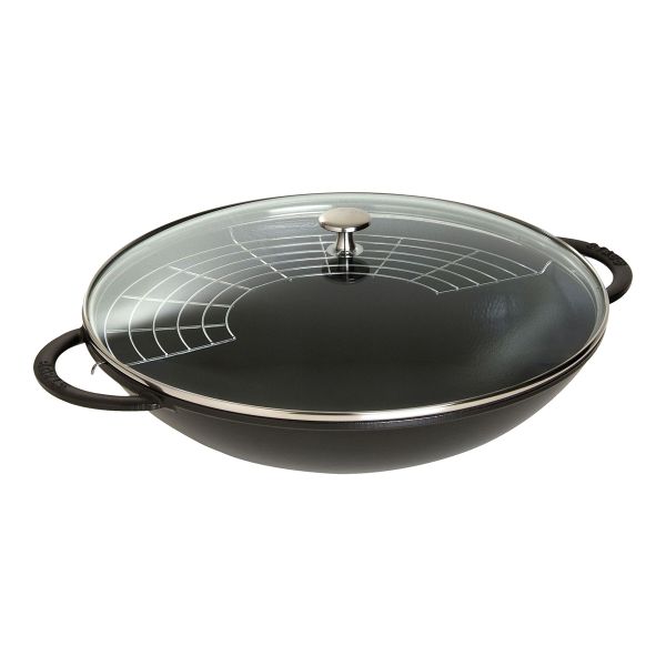 Staub Specialities Töpfe und Pfannen Wok mit Glasdeckel, 37 cm | rund | Gusseisen | Schwarz