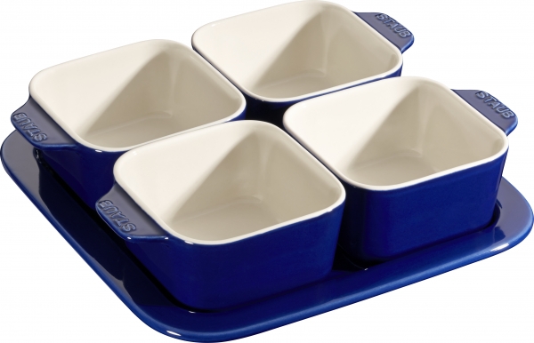 3er Set Staub Keramik Tapas Set, 5-tlg Dipschalen quadratisch Dunkelblau 19 x 19 cm