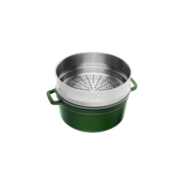 Staub Kochgeschirr Cocotte Bräter Kochtopf Bratentopf mit Dämpfeinsatz rund Basilikumgrün 26 cm