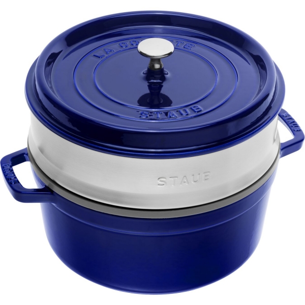 Staub Cocotte Bräter Kochtopf rund mit Dämpfeinsatz Dunkelblau 26 cm 4,6 l