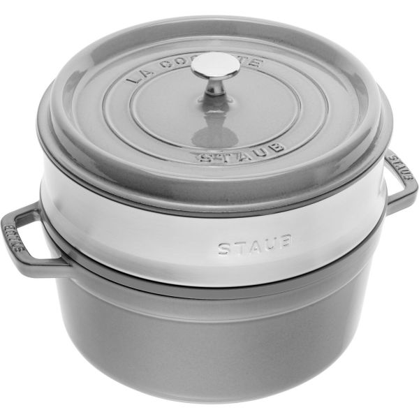 Staub Cocotte Bräter Kochtopf rund mit Dämpfeinsatz Graphitgrau 26 cm 4,6 l