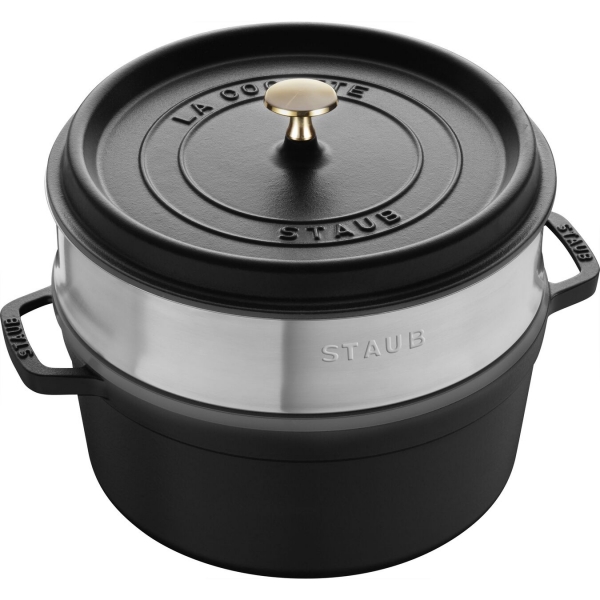 Staub Cocotte Bräter Kochtopf rund mit Dämpfeinsatz Schwarz 26 cm 4,6 l