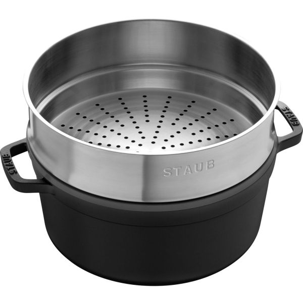 Staub Cocotte Bräter Kochtopf rund mit Dämpfeinsatz Schwarz 26 cm 4,6 l