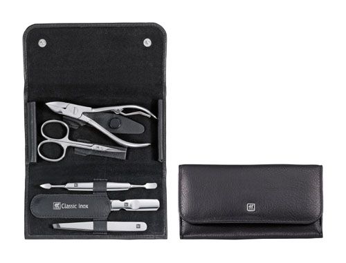 Zwilling CLASSIC INOX Maniküreset Manicure Etui Nagelpflege Druckknopf-Etui,  Rindleder, schwarz,