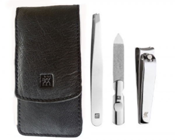 Zwilling CLASSIC INOX Maniküreset  Manicure Etui Nagelpflege Taschen-Etui, Rindleder, schwarz, 3-tlg.