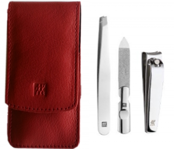 Zwilling CLASSIC INOX Maniküreset  Manicure Etui Nagelpflege Taschen-Etui, Rindleder, rot, 3-tlg.