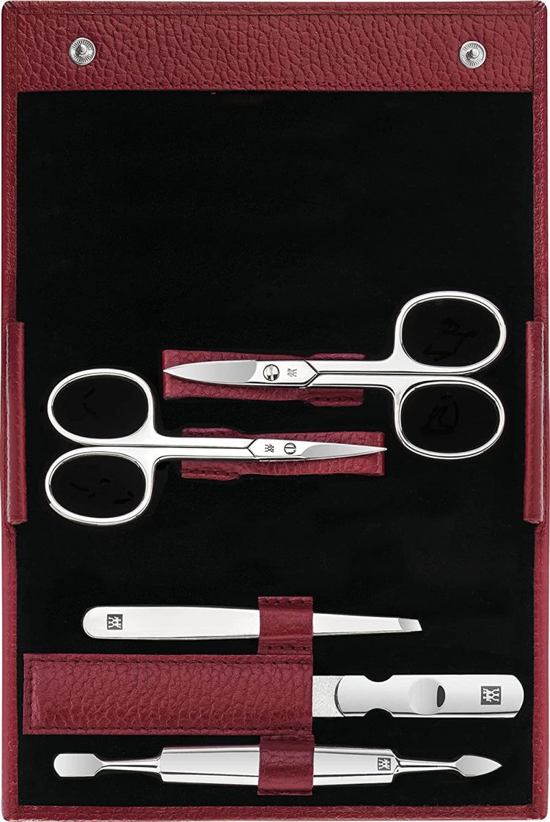 ZWILLING Maniküreset 5-teilig für Nagelpflege und Pediküre aus Rindleder  mit Druckknopf, Rot | Nageletuis