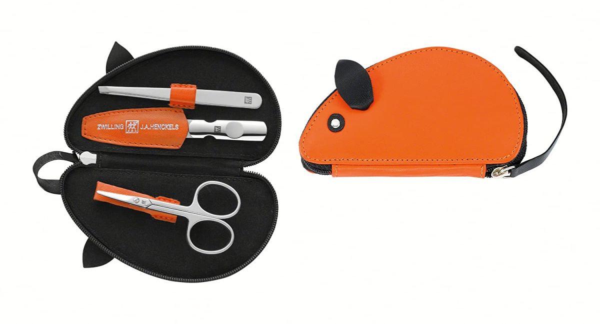 ZWILLING CLASSIC INOX Kinder Etui Maus Maniküre Pediküre Babynägel  Reißverschluss Ziegenleder Pflege Set 3-tlg. orange