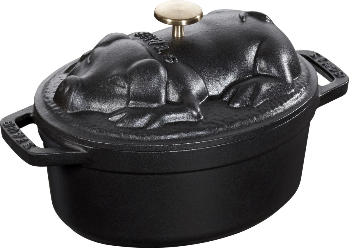 Staub Kochgeschirr Gusseisen Cocotte Bräter Kochtopf Bratentopf Schwein 17  schwarz Sonderform Graphitgrau 17 cm