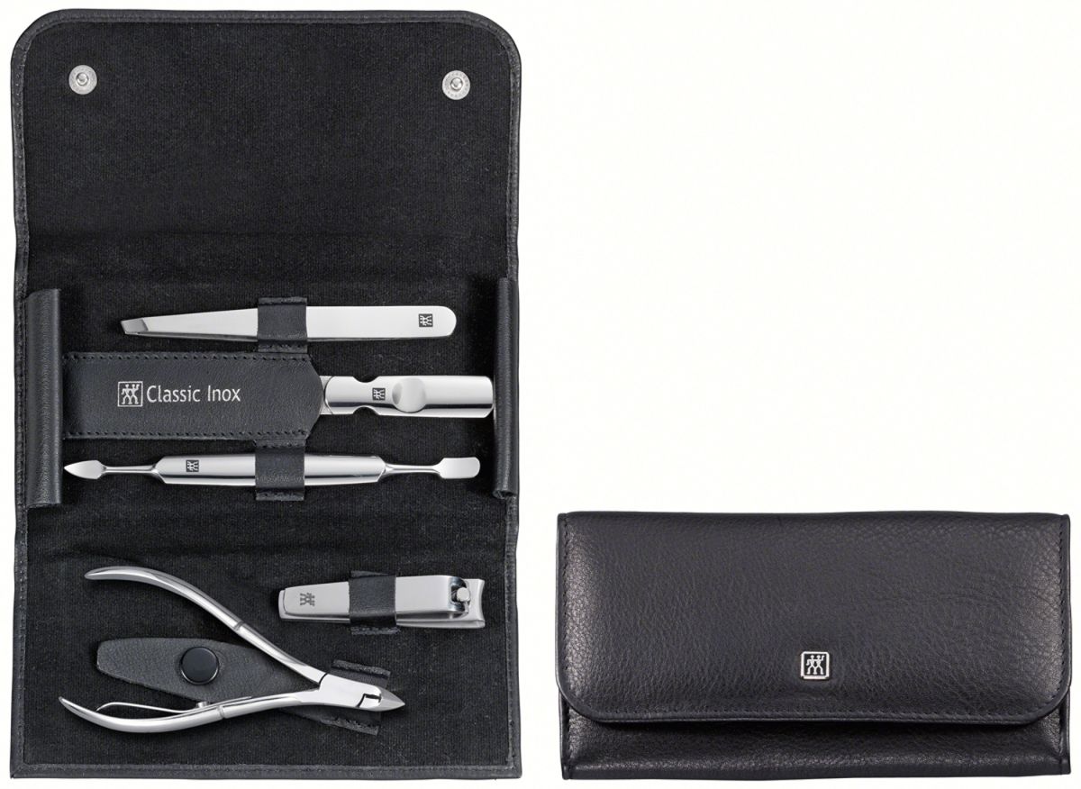 Zwilling 5-tlg INOX Rindleder, schwarz, Druckknopf-Etui, Maniküreset CLASSIC