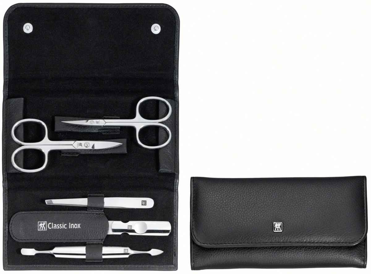 Zwilling CLASSIC INOX Maniküreset Manicure Etui Nagelpflege  Druckknopf-Etui, Rindleder, schwarz,