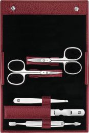 ZWILLING Maniküreset 5-teilig für Nagelpflege und Pediküre aus Rindleder mit Druckknopf, Rot