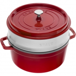 Staub Cocotte Bräter Kochtopf rund mit Dämpfeinsatz Kirsche 26 cm 4,6 l